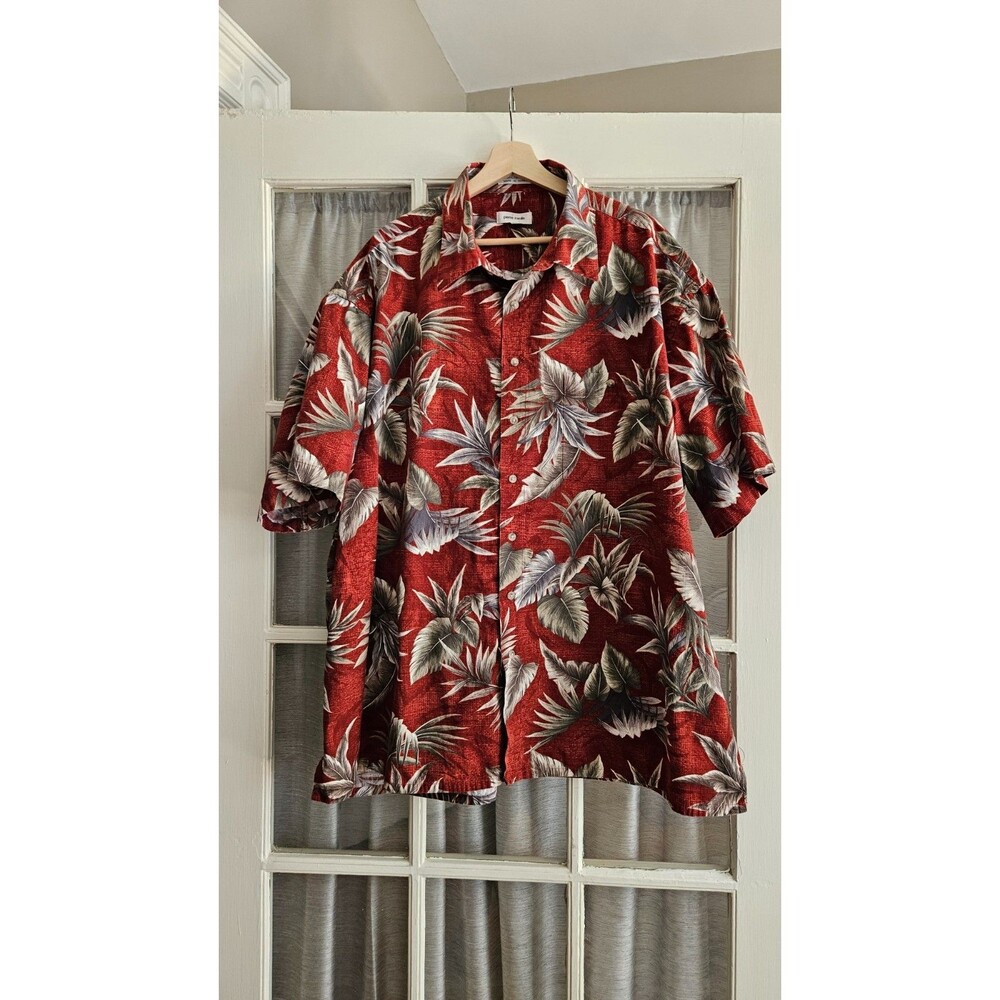 Pierre Cardin Hawaiian Shirt Mens 3XLT Red Tropical Palm Leaf Short Sleeve Cotto